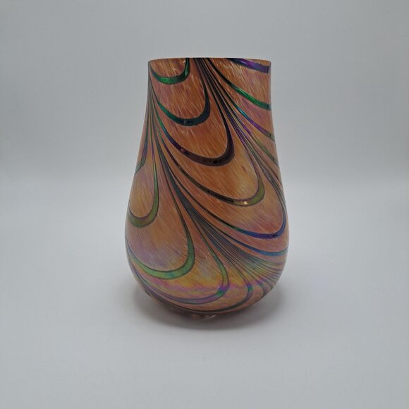Brown Pulled Feather Iridescent Art Glass Vase - Picture 5 of 8